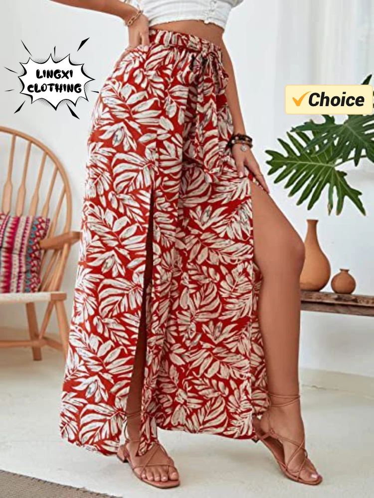 Summer Fashion New Women's Wide Leg Pants Leopard Pattern Beach Leisure Elastic Waist Split Holiday Style Women's Pants