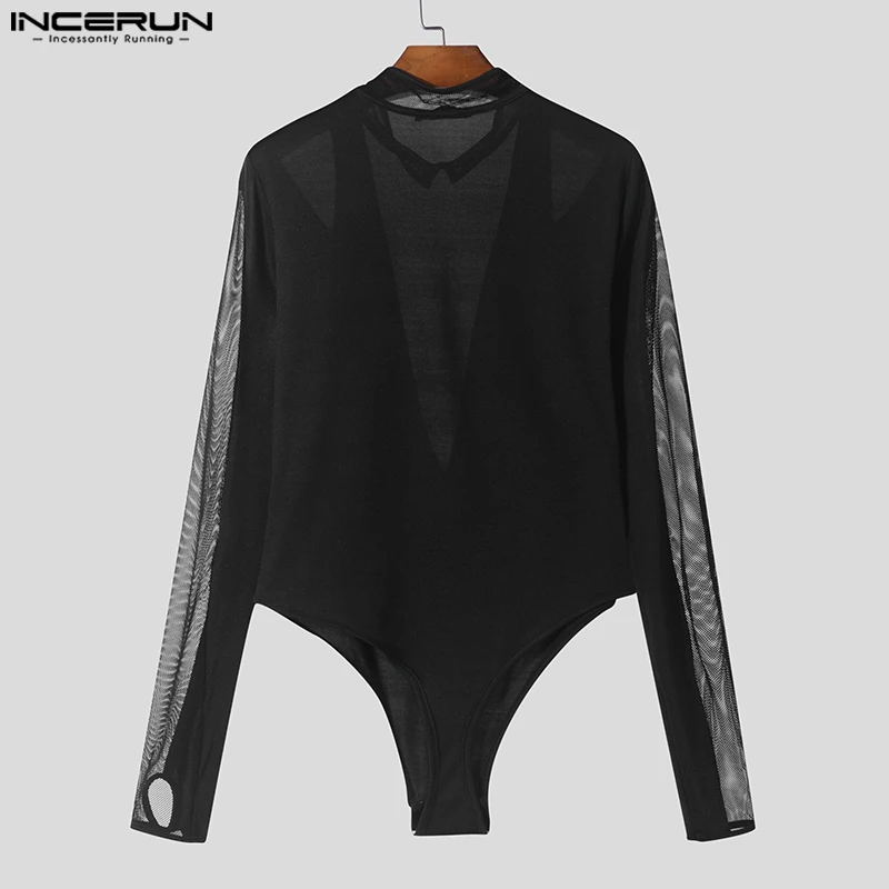 INCERUN American Style Fashion Jumpsuit New Men Sexy Mesh Splicing Rompers Thin Tight Stand Neck Long Sleeved Triangle Bodysuits