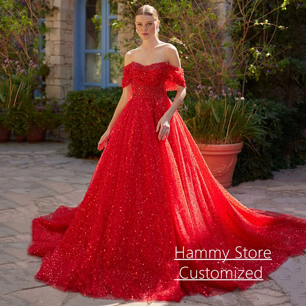 Vestido De noche rojo brillante personalizado con hombros descubiertos, cuello en V, cuentas, lentejuelas, cola De corte, vestido De fiesta De graduación