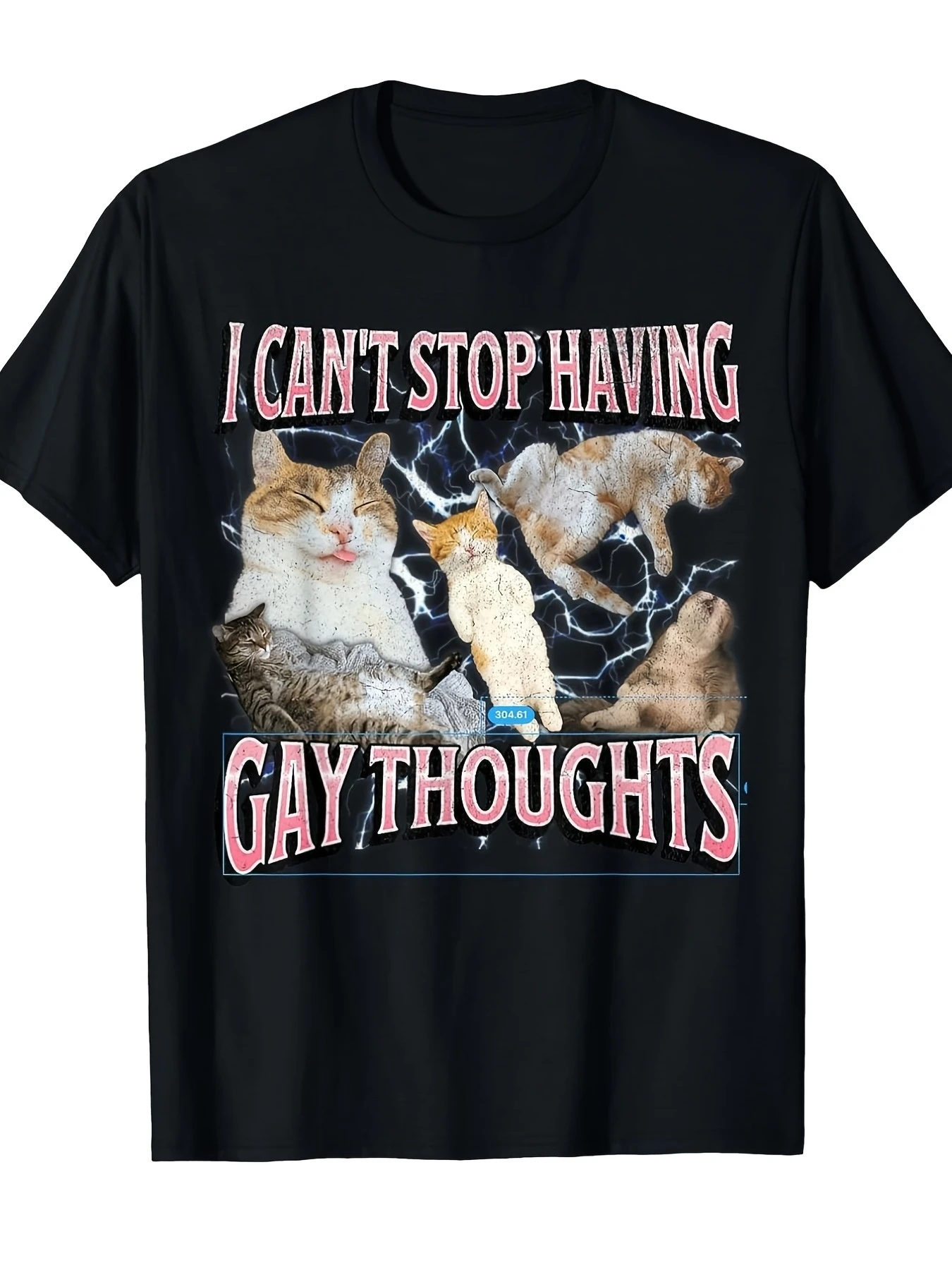 A humorous T-shirt featuring a cat meme that playfully addresses the tendency to get stuck on the same persistent thought