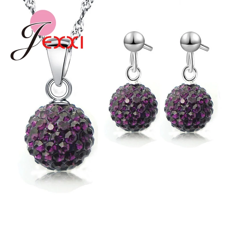 Austrian Pave Disco Ball Stud 925 Sterling Silver Earring Pendant Necklace Austria Crystal Woman Jewelry Sets   Gift