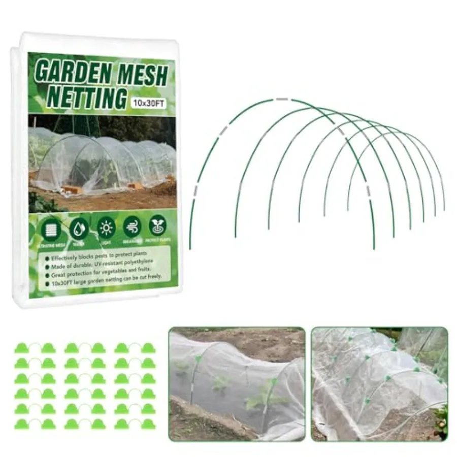 

Garden Netting Kit for Raised Beds 10x30FT Ultra Fine Mesh Netting 6 Sets Fiberglass Garden Hoops Insect Netting for Garden Pla