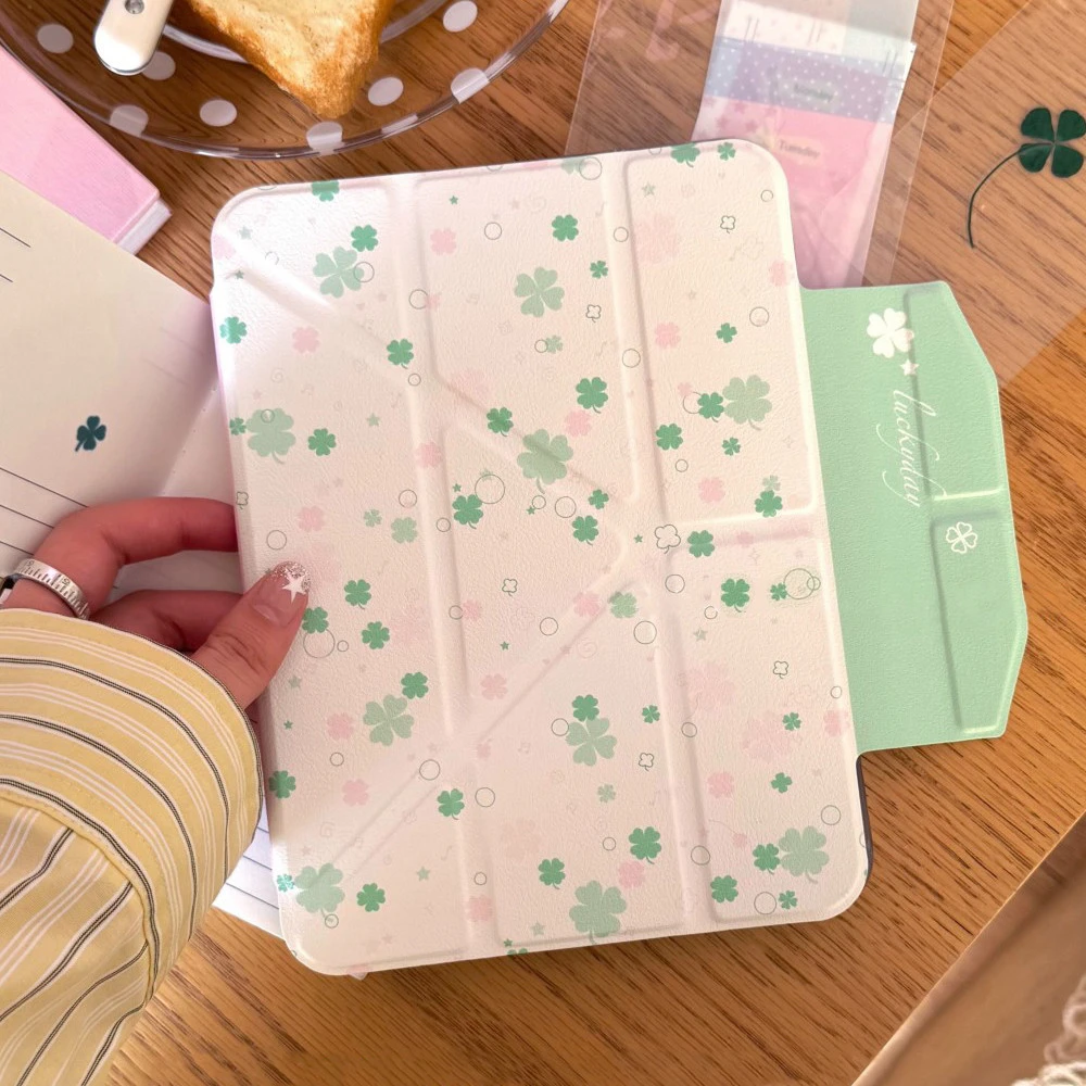 Pink Green Lucky Clover Tablet Case For iPad Pro 11 12.9 13 A16 M2 M4 M3 M5 Shell 10.2 5/6/7/8/9/10/11th Mini Air 3 4 5 6 Cover