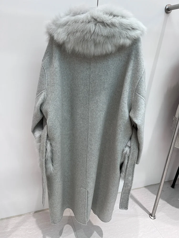 2025 nueva chaqueta de lana de Cachemira de invierno abrigo de lana con cuello de piel de zorro Natural Real prendas de vestir para mujer abrigo femenino chaqueta de lujo para mujer