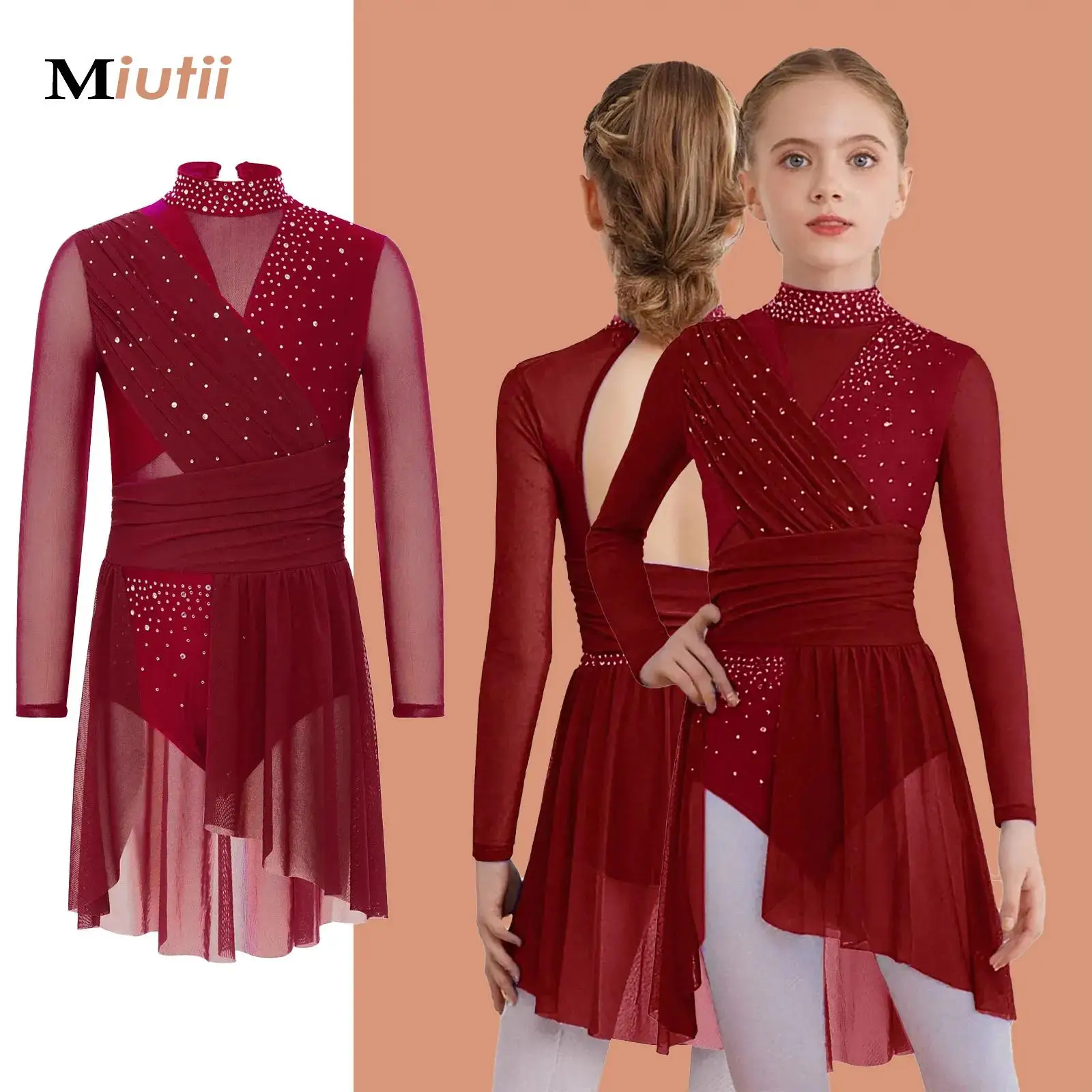 

Big Girls Figure Skating Rhythmic Gymnastics Leotard Dress Kids Side Split Mesh Ruched Shiny Rhinestones Dress Ballerina Clothes