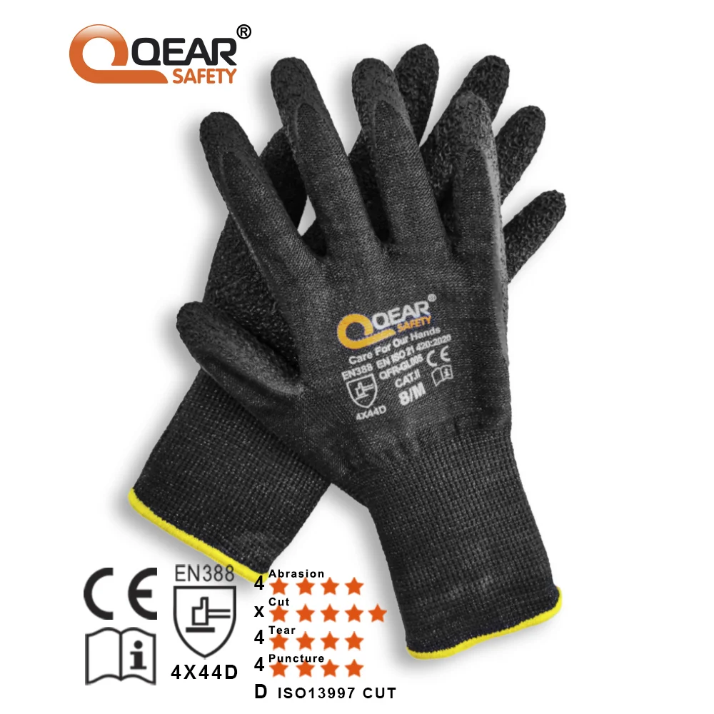 QearSafety Black HPPE Cut 5 Resistance Work Safety Glove, Latex Rubber Palm Coated, Heavy and Medium Job Handling Protect