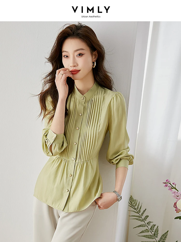 Vimly Elegant Stand Collar Front Pleated Shirts for Women 2023 Spring Fashion Slim Waist Solid Single Breasted Long Sleeve Tops