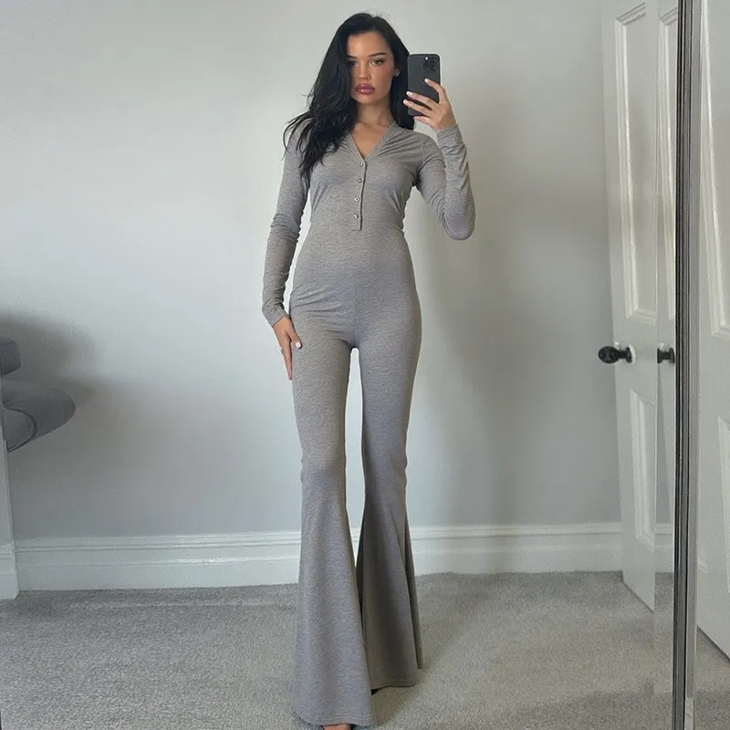 

Sexy V Neck Long Sleeve Stretchy Jumpsuits Women Peach Hip Flare Pants 2025 Casual Fashion Fall Yoga Joggers Outfits