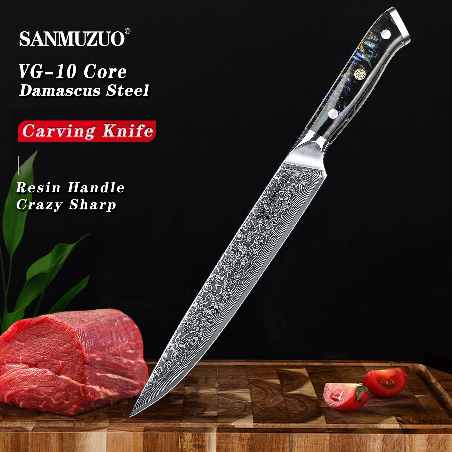 SANMUZUO Meat Cutting knife - 9 inch Carving Knife- Xuan Series - VG10 Damascus Steel Kitchen Meat Cutting Knife - Resin Handle