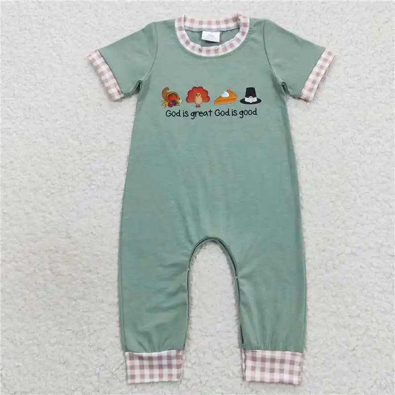 Wholesale Thanksgiving western boutique newborn toddler Baby Boys Embroidered Turkey khaki border checkered short-sleeved onesie