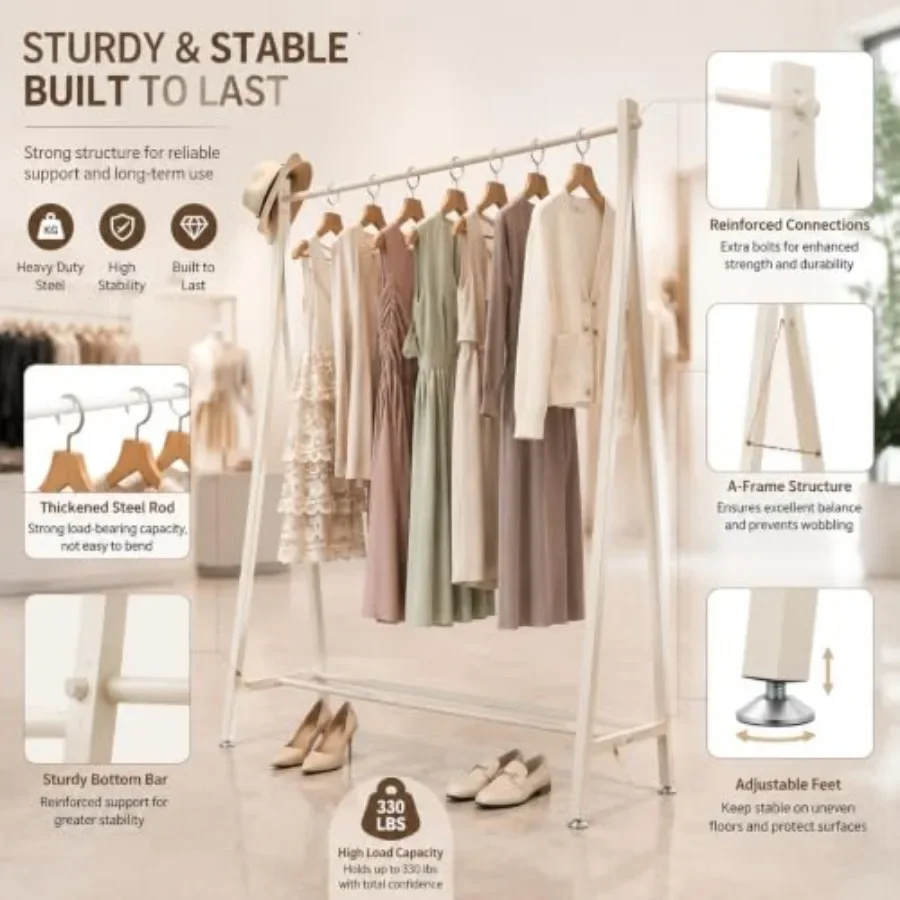 Boutique retail clothes rack: white metal free-standing garment rack with modern hanging rod for clothing store and laundry roo