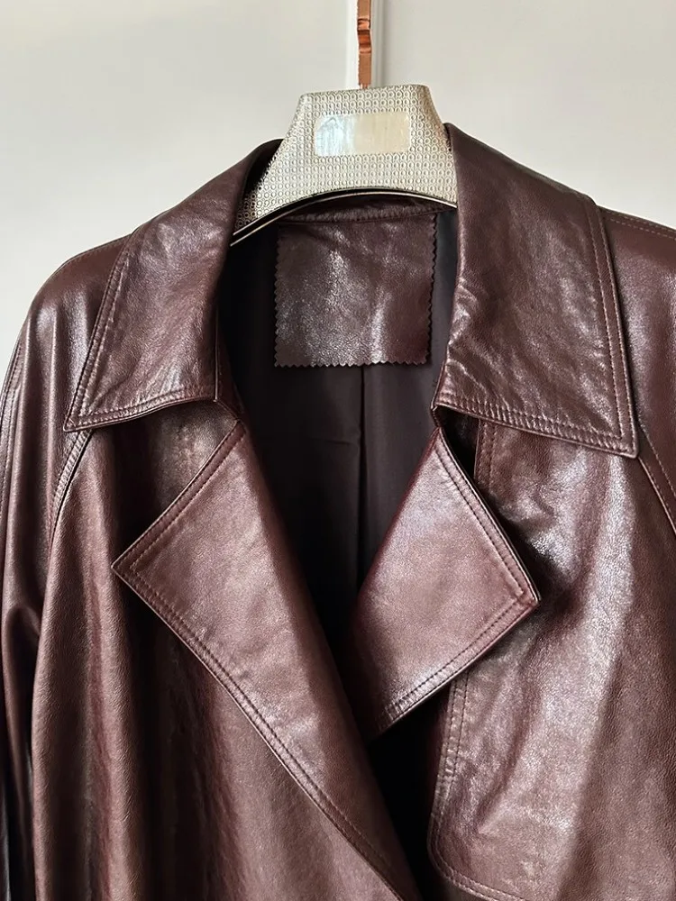 Britischer Stil für Damen, einfarbig, Revers, echtes Leder, Schärpenjacke, lockere einreihige, lange Ärmel, Schaffell-Oberbekleidung