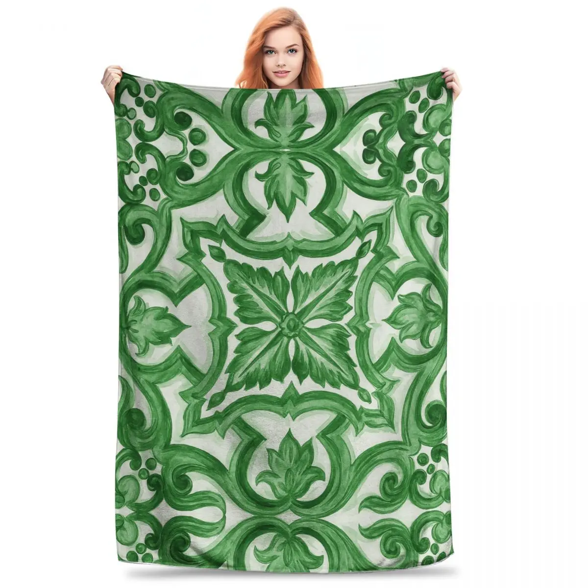 Green Ornate Floral Mediterranean Sicilian Tile Blankets Sofa Throw Blankets For Home Bedroom Outdoor Throws Bedspread Quilt