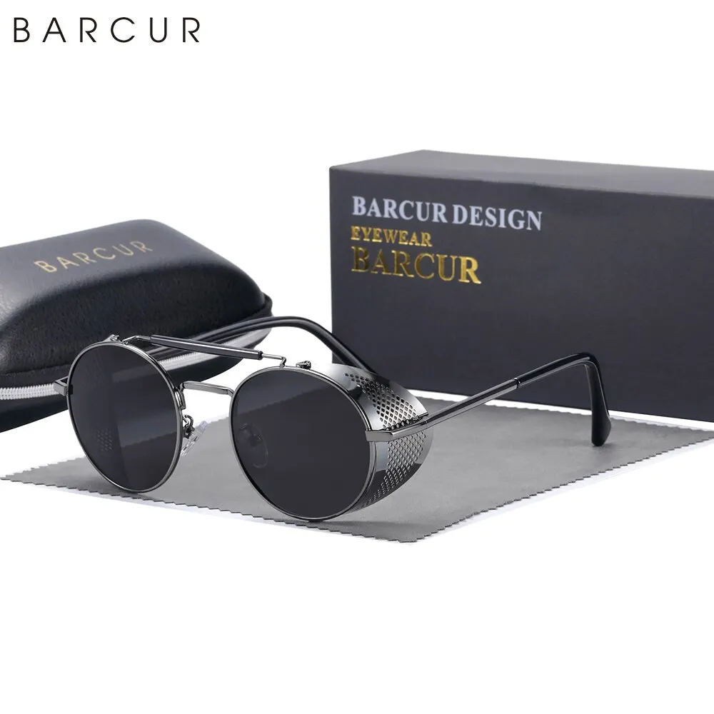 BARCUR Polarized Steampunk Round Sunglasses Men Retro Sun Glasses For Women Vintage Style