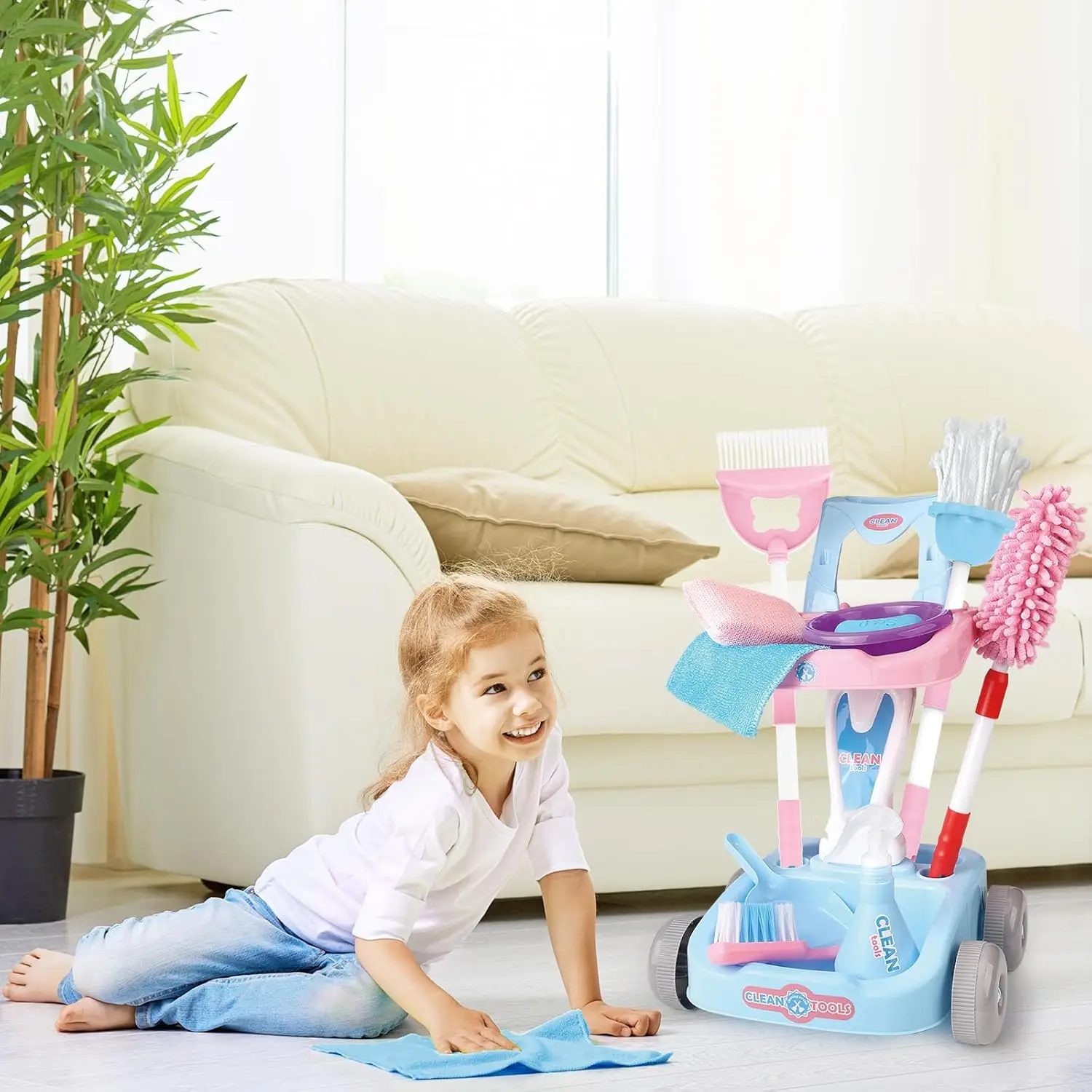 Giocattoli per bambini Set per la pulizia Bambini Giochi di finzione Pulizia della casa Playset Scopa Paletta Mop Spolverino Strumenti per la pulizia Giocattoli per ragazzi Ragazze