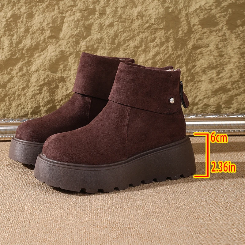 2025 Botas de nieve con plataforma de nuevo estilo para mujer: zapatos de suela gruesa con diseño de puños, forro polar y cálido