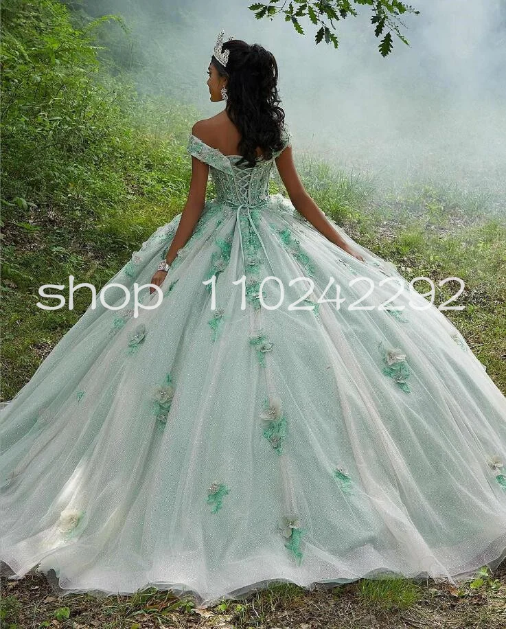 Robes de princesse Quinceanera à épaules dénudées, jupe à paillettes florales 3D, robe éducative Sweet 16, fruits verts, 15