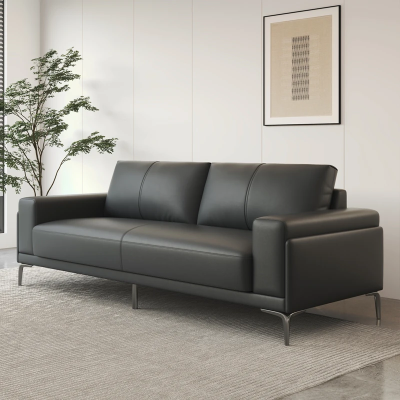 طقم أريكة جلدية فاخرة من تشيسترفيلد باللون الأسود بتصميم بسيط للاستخدام المنزلي في قاعة المكتب والمكتب #1