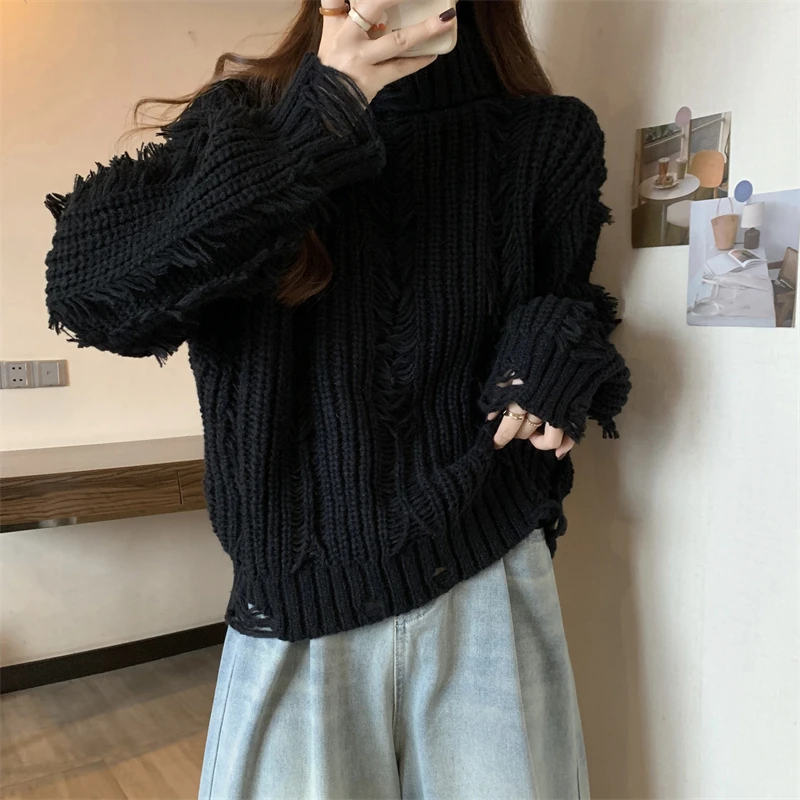 Pull Femme 2023 kobiet zimowe swetry z golfem gruby ciepły rękaw w kształcie skrzydła nietoperza Pull Jumper kobiety Twisted Hole swetry sweter Top