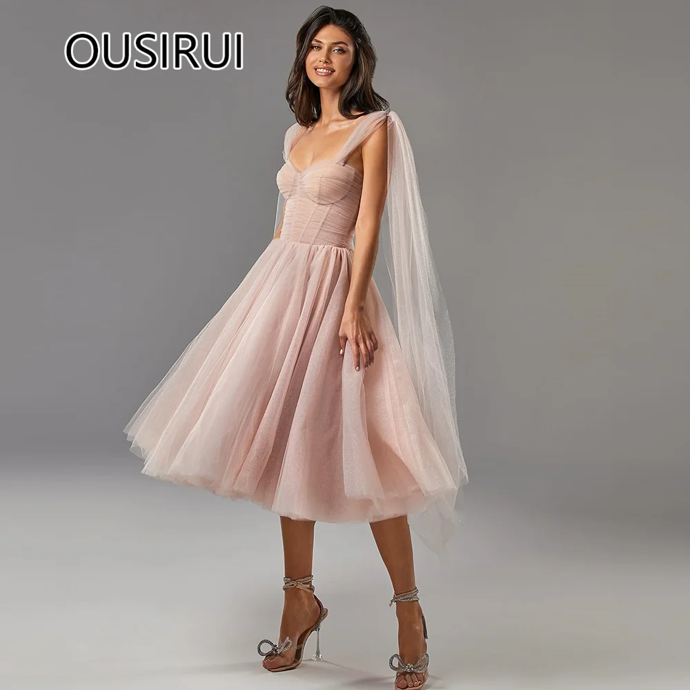 

Chic Spaghetti Straps Tulle Sweetheart Collar Formal Evening Dresses A-line Tea-Length Backless Lace up Prom Gown Arabia