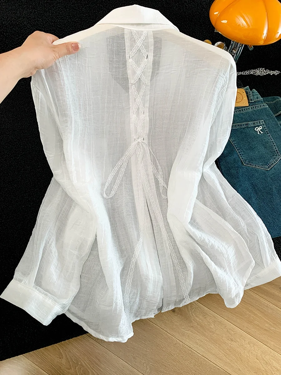 

Синяя женская солнцезащитная рубашка с кружевным поясом, летний приталенный кардиган, дышащая верхняя одежда из полиэстера с длинными рукавами