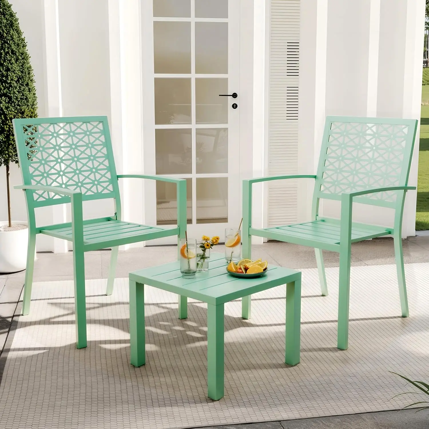 3 Piece Patio Bistro Set, Green Iron Art Outdoor Table and 2 Chairs Stackable Patio Dining Furniture Set for Patio Balcony Porch