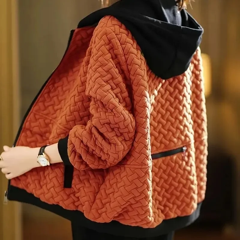 

2025 New Hooded Casual Coat Women High End Mother Jacket Autumn Winter New Korean Patchwork Outwear With Short Zipper Basic Coat