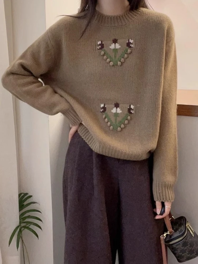 Zwaar borduurwerk bloemen wol gebreide trui herfst faion losse afslankbasis irt comfortabele zachte gezellige overhead trui