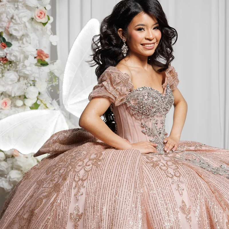 

Shiny rose gold Quinceanera Dress off-shoulder crystal glitter Decal Long tail Big Bow Vestidos De 15 Quinceanera ﻿Customize
