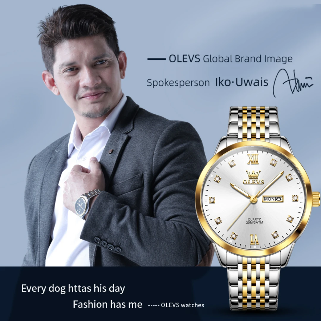 OLEVS 2943 Fashion Quartz Watch Gift Stainless Steel Watchband Round-dial Wristwatch Week Display Calendar