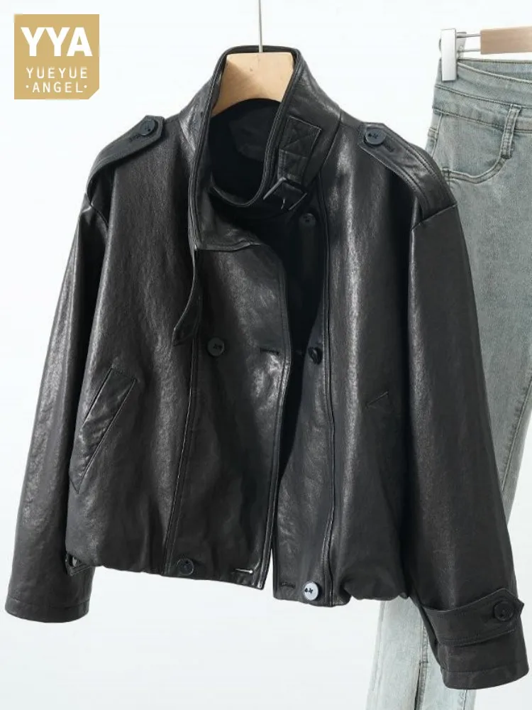 High Street Style Female Black Button Genuine Leather Jacket Fashion Pocket Comfortable Long Sleeves Sheepskin Short Outerwear