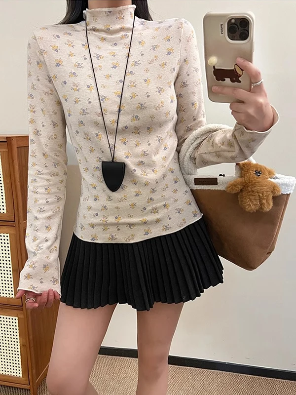 Floral Print Long Sleeve T-Shirt Women's Slim Fit Base Layer Shirt Half High Collar Autumn Winter Fashionable Top Quality Pol...