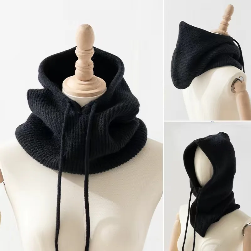 Winter Women Balaclava Mask Knitted Hooded Cap Outdoor Warm Ski Bonnet Elastic Drawstring Hat One-Piece Neck Collar Beanies Caps