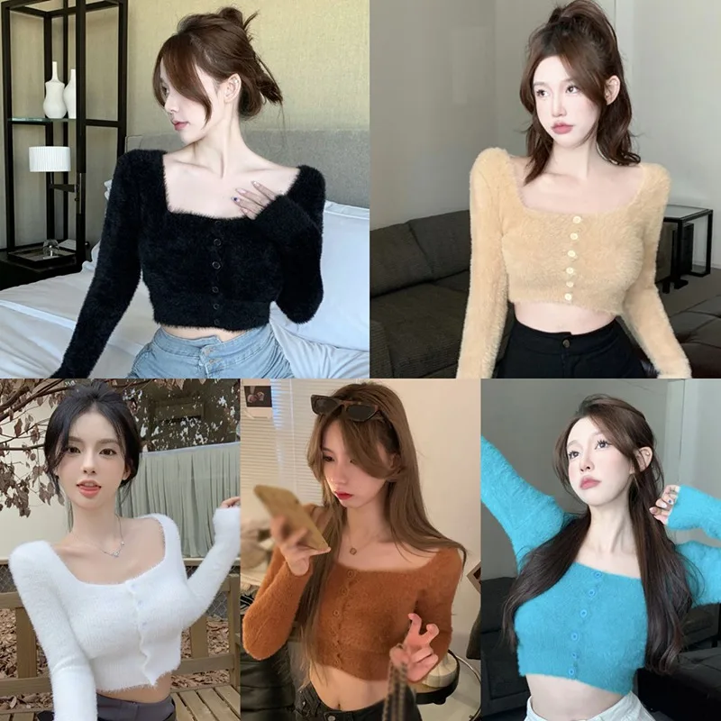 Korean Version Solid Color Square Neck Sweater Slim Fitting Fashion Exposed Navel Long Sleeved Cardigan Sweater