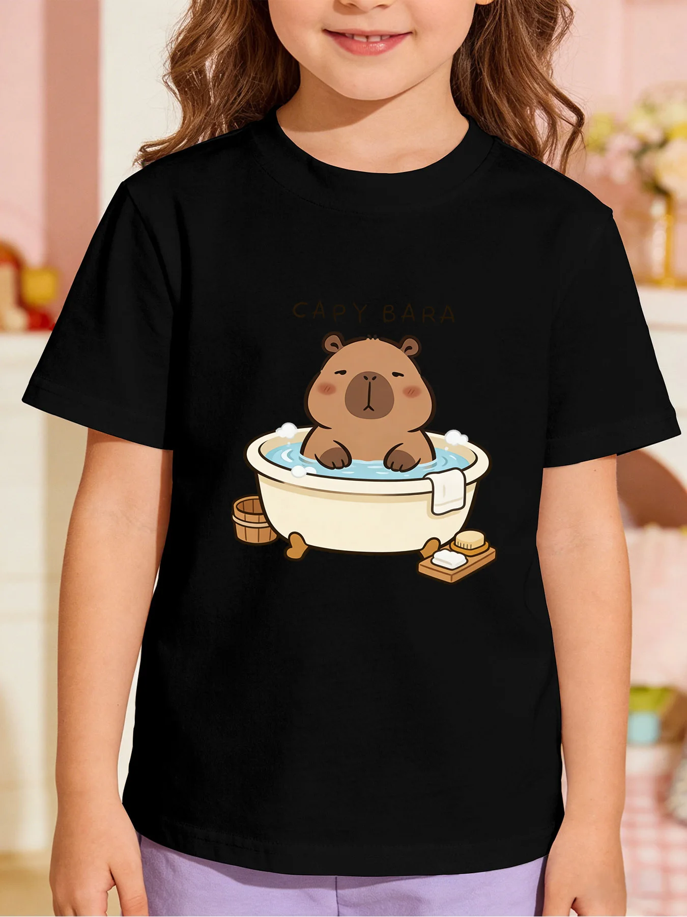Bathing Capybara Letter Graphic Kids Tee Cartoon Animal Short Sleeve Boys Girls Cotton Family Matching Daily Casual Summer Tee