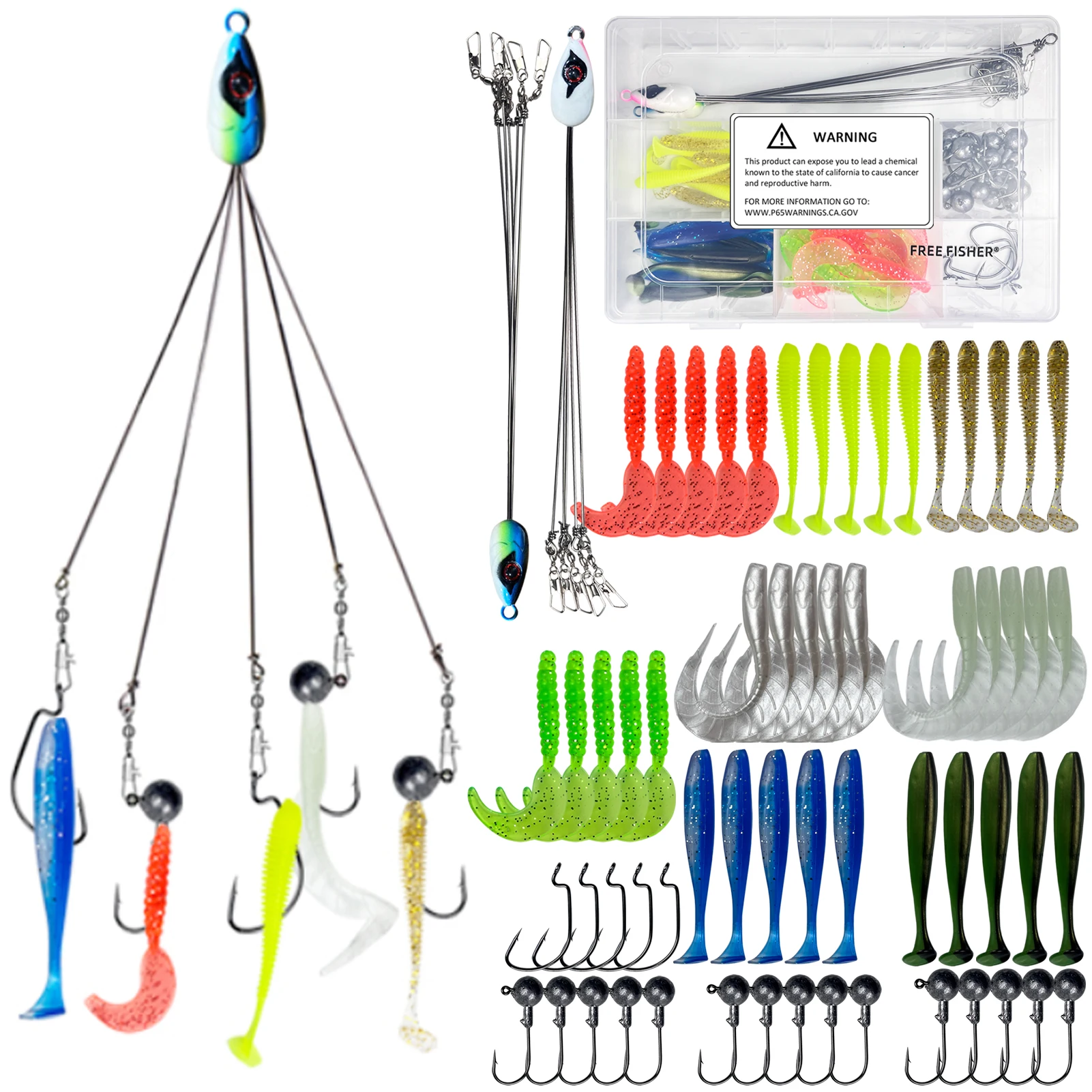 

63 шт./кор. комплект мягких приманок для рыбалки, 5-ручные оснастки для зонтов, рыболовные приманки для Alabama, грузила для червячных приманок для пресной воды/соленой воды