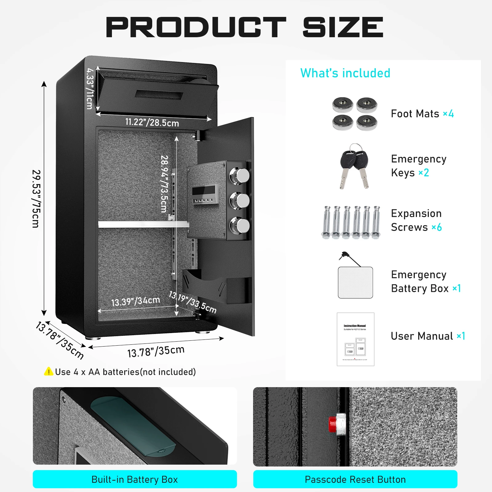 Kavey 6.5 Cub Large Drop Safe Box, Home Safe for Business, Money Safe with Mute Function, Drop Slot & Digital Keypad