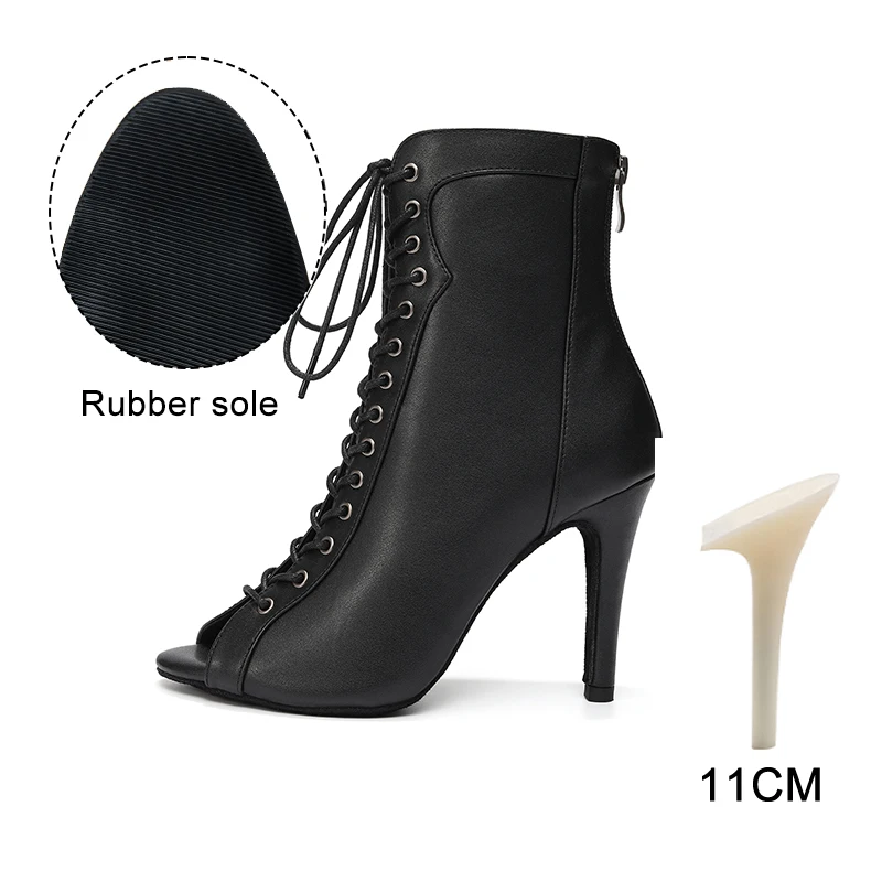 HROYL High Heel Dance Shoes Woman Beige Black Latin Dance Booties Women Open Toe Lace Up Stiletto Boots for Girls Suede Sole
