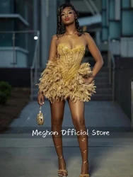 Gold O Neck Short Prom Dresses For Black Girls Bead Crystal 2024 Birthday Luxury Dress Feather Mini Cocktail Customized