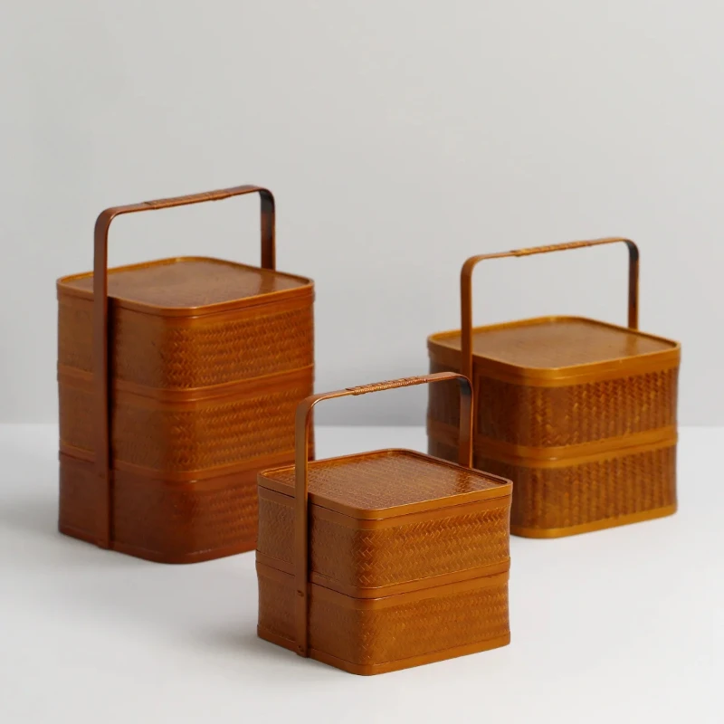 Chinese Style Antique Bamboo Lunch Box Double-Layer Picnic Container Snack Container Ideal for Food Storage Bento Box