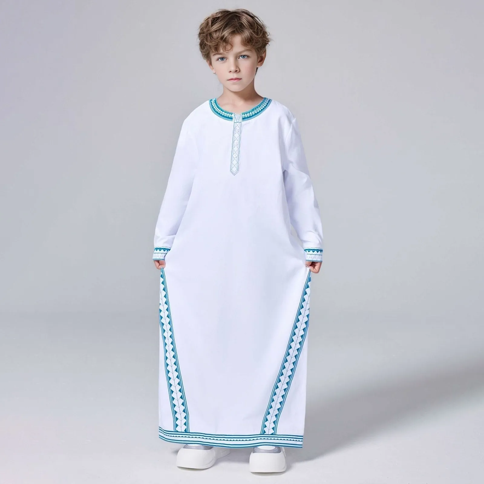 

Muslim Robe Boys Kid Ramadan Islam Muslim Thobe For Kids Middle East Arab Dubai Malaysian Boy Printed Loose Robe Button-Up Shirt