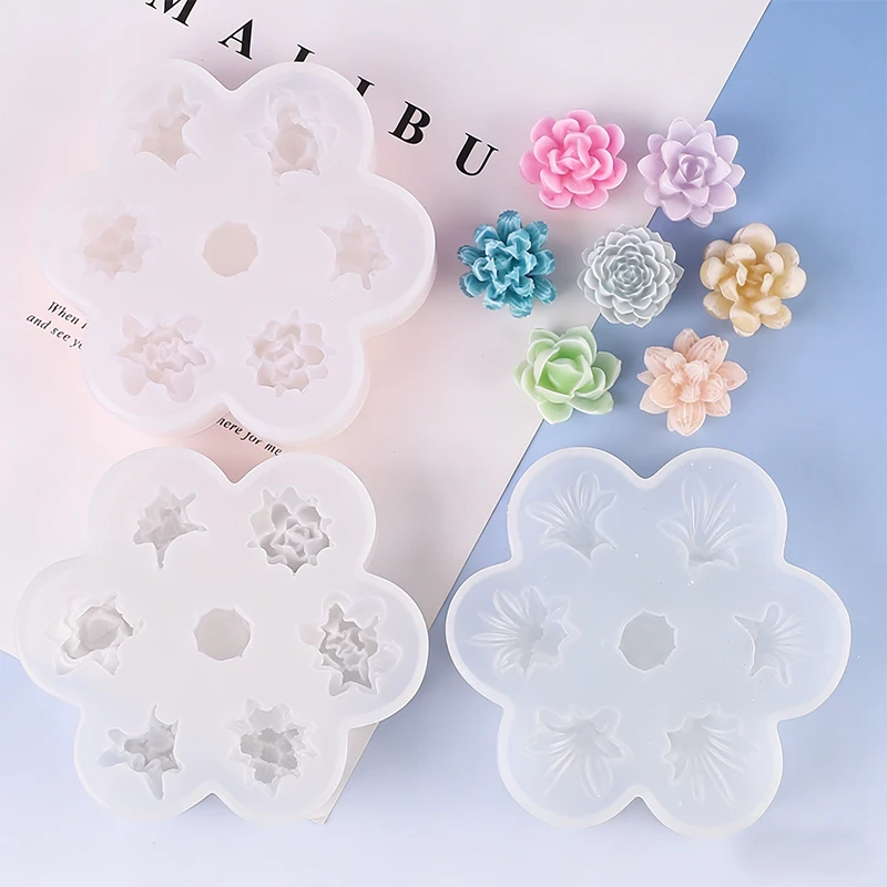 7pcs Succulent Flowers Candle Mold 3D Cactus Lotus Rose Soap Plaster Crafts Mold DIY Chocolate Fudge Pastry Cake Silicone Molds