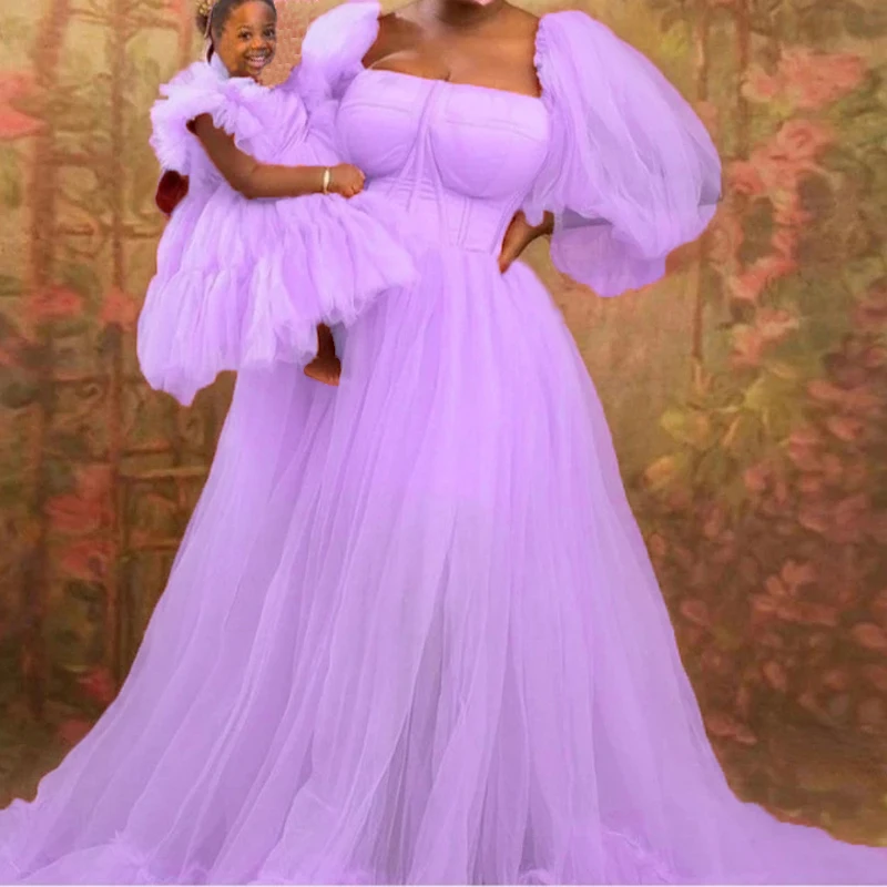 

New Mother And Kids Tulle Dresses Long Sleeves A Line Extra Puffy Tulle Mom And Me Tutu Photo Shoot Dressing Gowns Custom Made