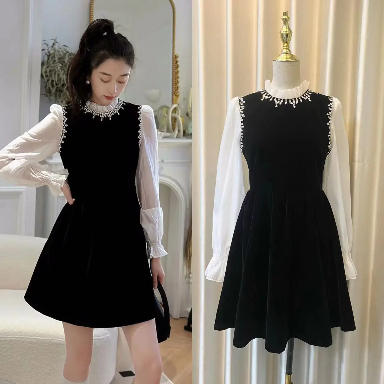 Autumn/Winter Fashion Diamond Crystal Beaded White Long Sleeve Velvet Dress Women Ruffles Neck Elegant Prom Party Short Dresses