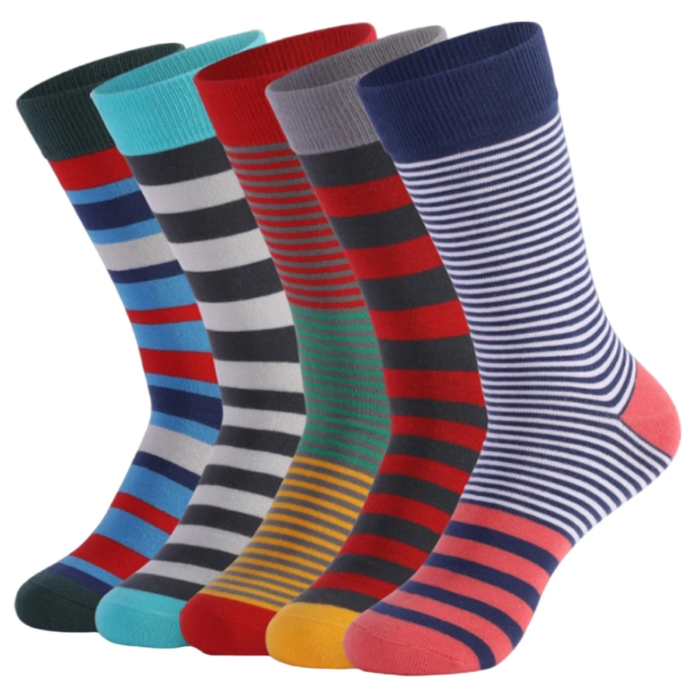 5 Pairs Men Dress Socks Funny Soft Breathable Casual Cotton Fashion Colorful Striped Business Novelty Socks Size EU 42-48