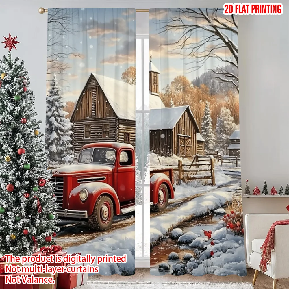 

2pcs 2D flat printing Merry Christmas Popular Window Drapes Snow nostalgia Machine Washable Polyester Without Electricity Family