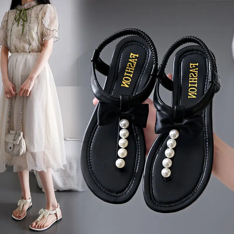 Footwear Beige Summer 2024 No Heel Diamond Women\'s Shoes Flat Rubber Sandals for Woman Flip-flops Bow Rhinestones Asian Size H F