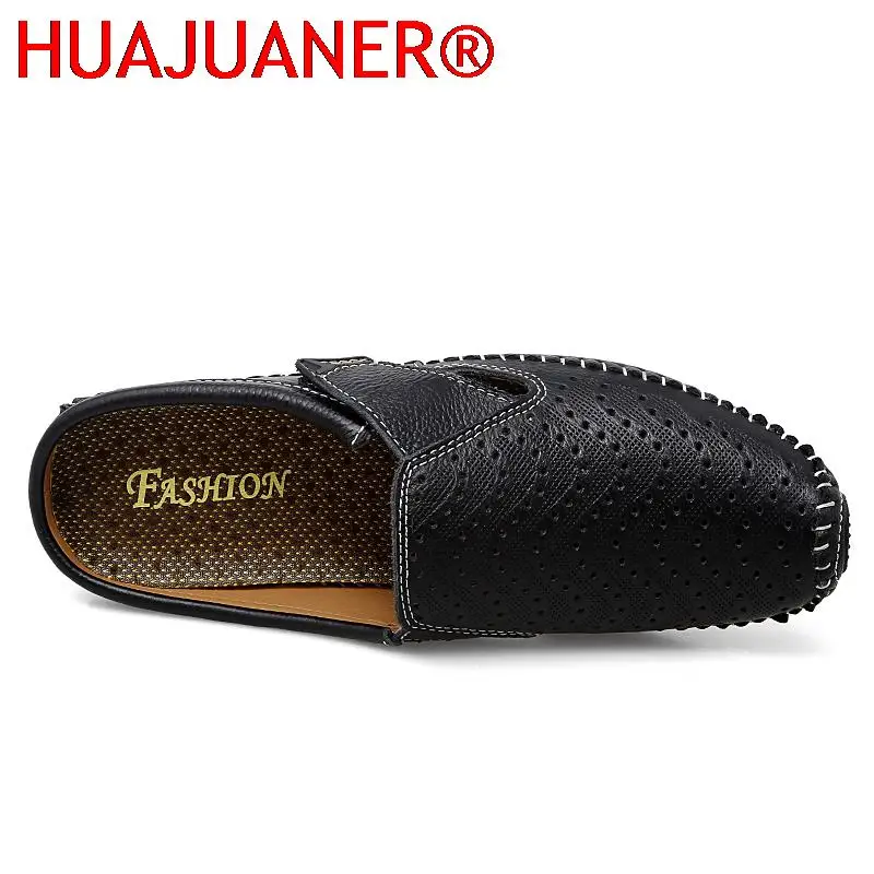 New Genuine Leather Men's Slippers Summer Breathable Casual Mules Light Half Shoes For Men Outdoor Anti-slip Driving Loafers Man