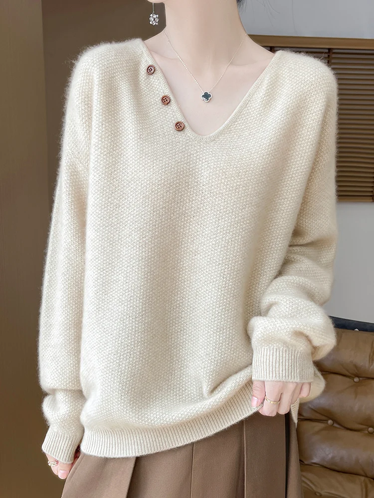 

TLOML Women V-neck Pullover Sweater 100% Merino Wool Knitwear Autumn Winter Chic Loose Grace Style Cashmere Sweater Female Tops