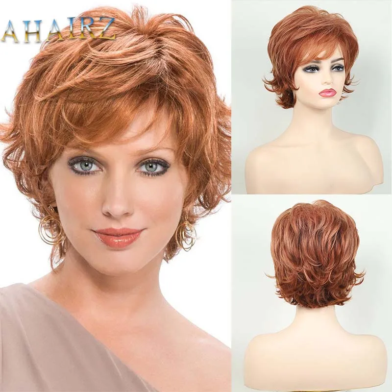 

Synthetic Short Layered Orange Brown Wig With Bangs Short Pixie Cut Wigs For Woman Daily Use Temperature Resistant Wigs